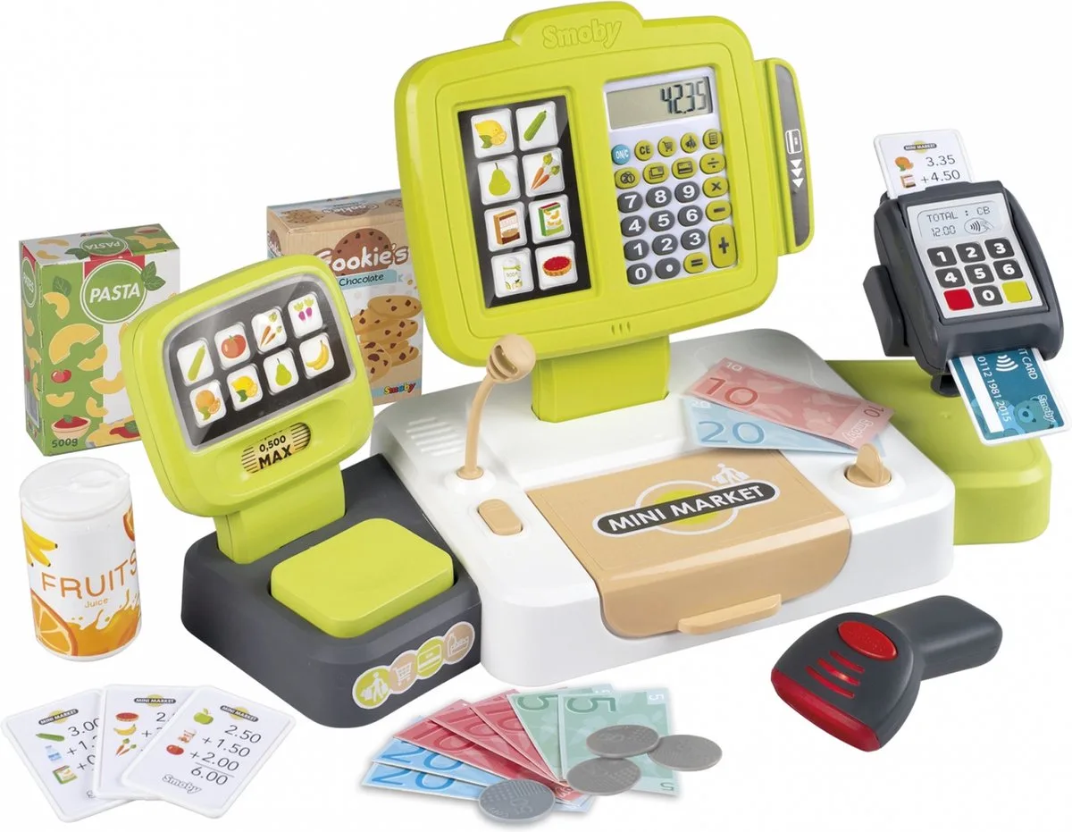 Speelgoedkassa - Rollenspel - Shopping - Elektronische Supermarkt kassa met kassa lade, echte rekenmachine, dummymicrofoon, creditcardlezer en weegschaal met mechanische actie van Smoby in Meerkleurig – productfoto