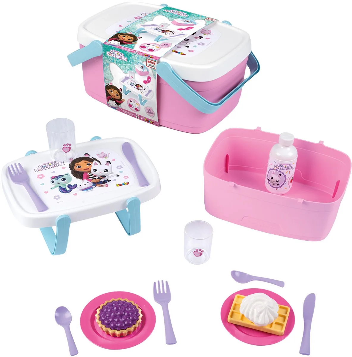 Speelgoedkeukenaccessoireset picknick mand Gabby's poppenhuis - Bijzettafeltje en mand met 14 accessoires by Smoby in Pink – product photo
