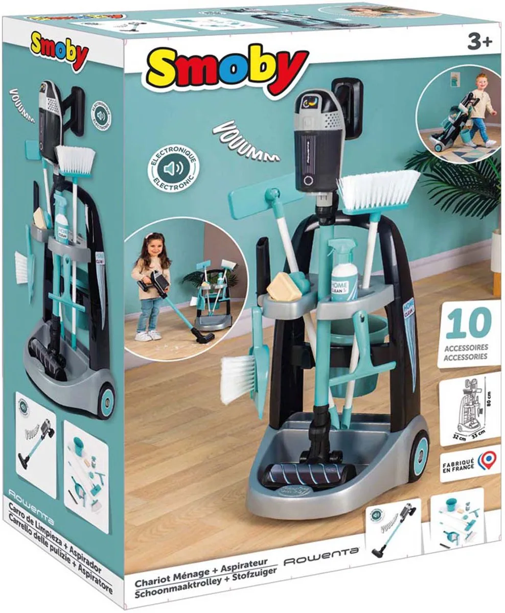 Speelgoedstofzuiger - Rowenta Schoonmaaktrolley met stofzuiger - rollenspel huishoud de Smoby en Noir – photo du produit