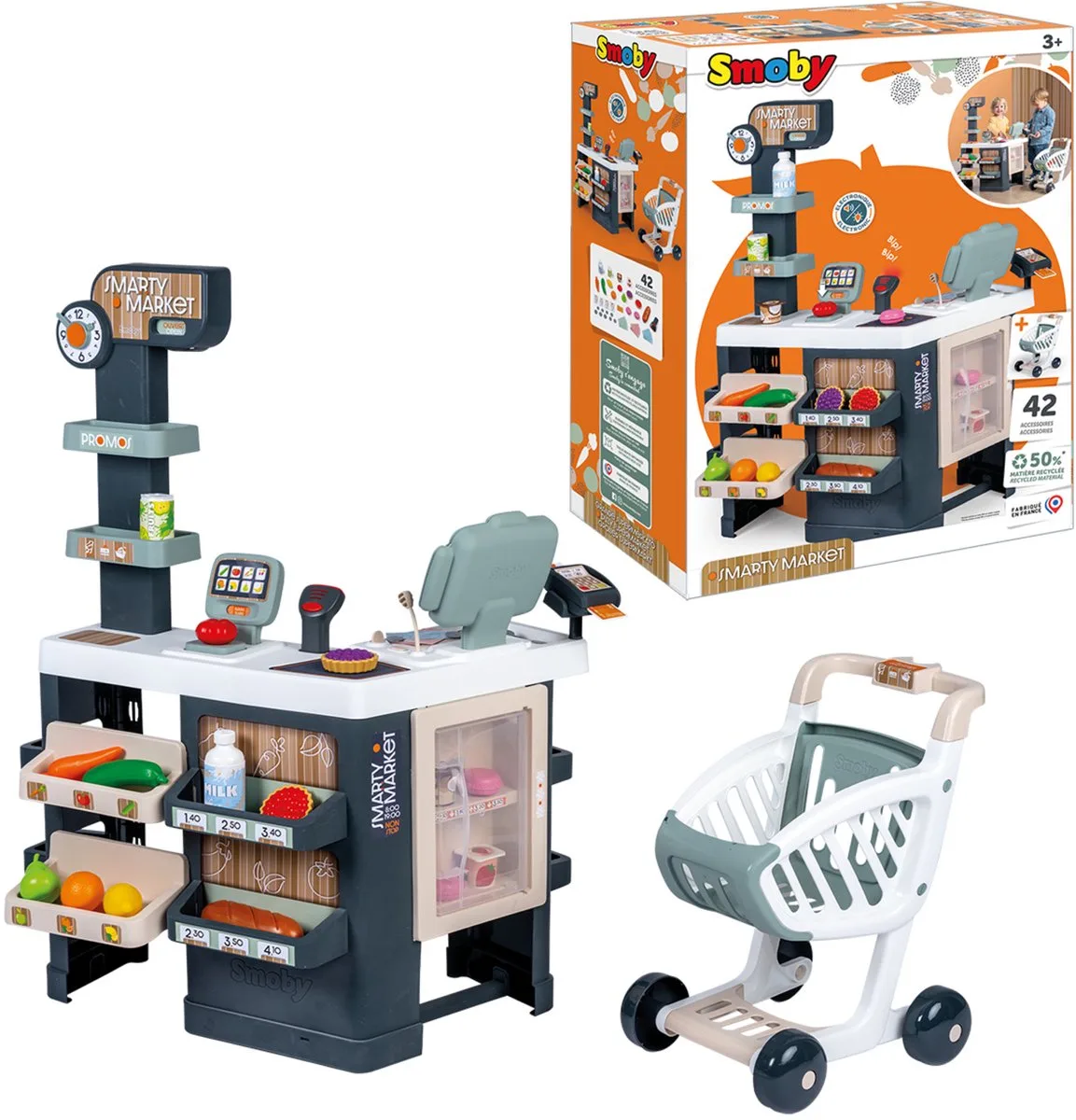 Speelwinkel Supermarkt - speelgoedkassa - winkelwagen, weegschaal, koelkast, scanner met licht & geluid, kassalade, microfoon en 42 accessoires, vanaf 3 jaar van Smoby in Meerkleurig – productfoto