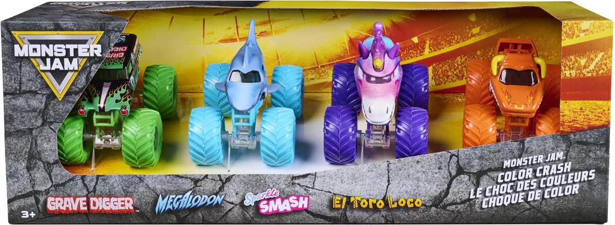 Monster Jam - Street Treats 4-Pack Monster Trucks 1:64 Schaal met Grave Digger, Megalodon, Sparkle Smash en El Toro Loco - Die-Cast Voertuigen - Vanaf 3 Jaa de Spin Master en Multicolore – photo du produit