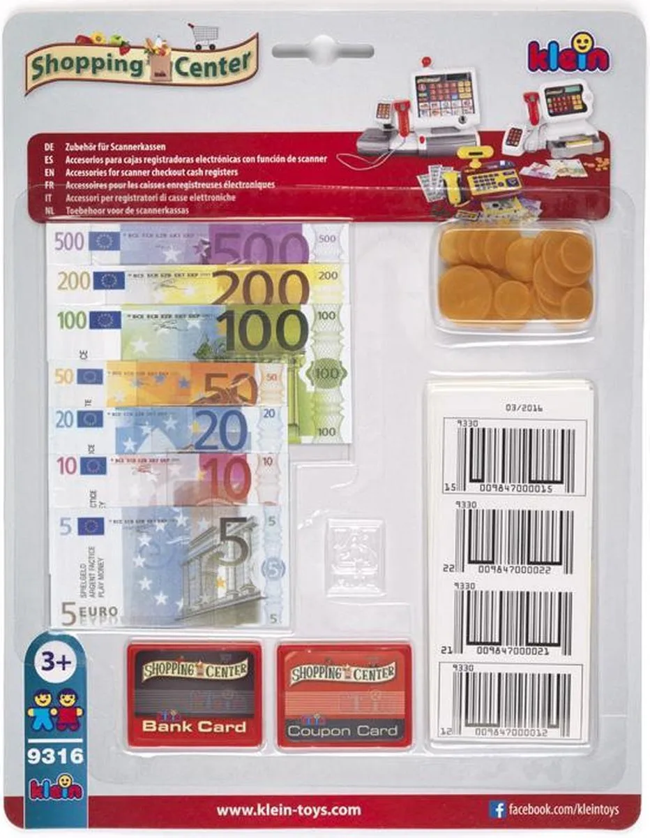 accessoireset voor kassa - 14 biljetten van 5 tot 500 euro en 24 munten van 1 tot 10 cent - goede combinatie met de moderne kassa #9330 - meerkleurig van Theo Klein in Meerkleurig – productfoto