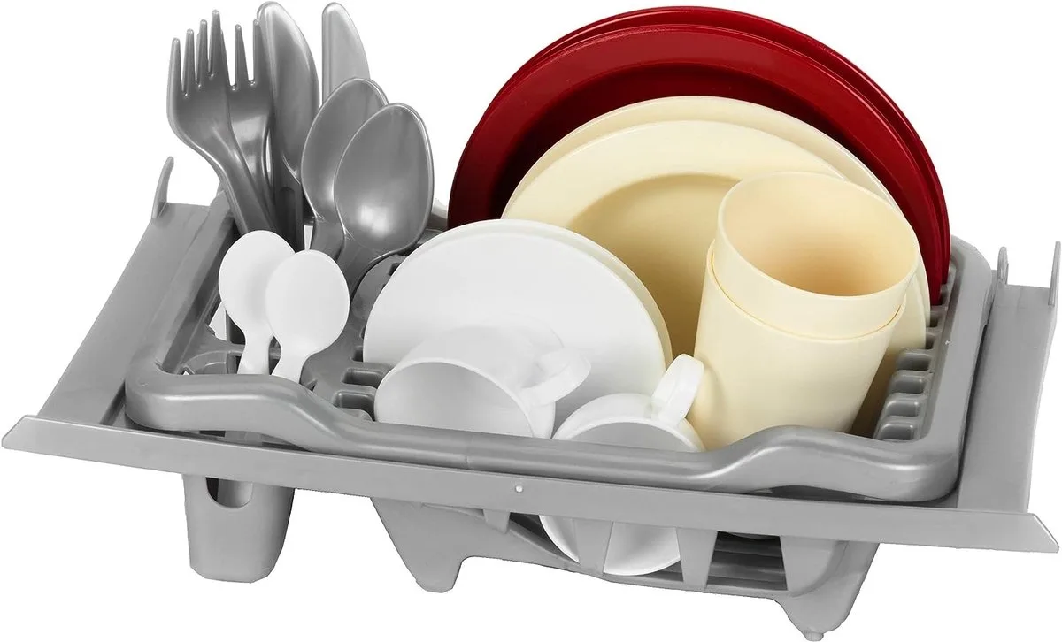 afwasrek - incl. inschuifrails, bestekset, eetservies en koffieservies - grijs van Theo Klein in Rood – productfoto