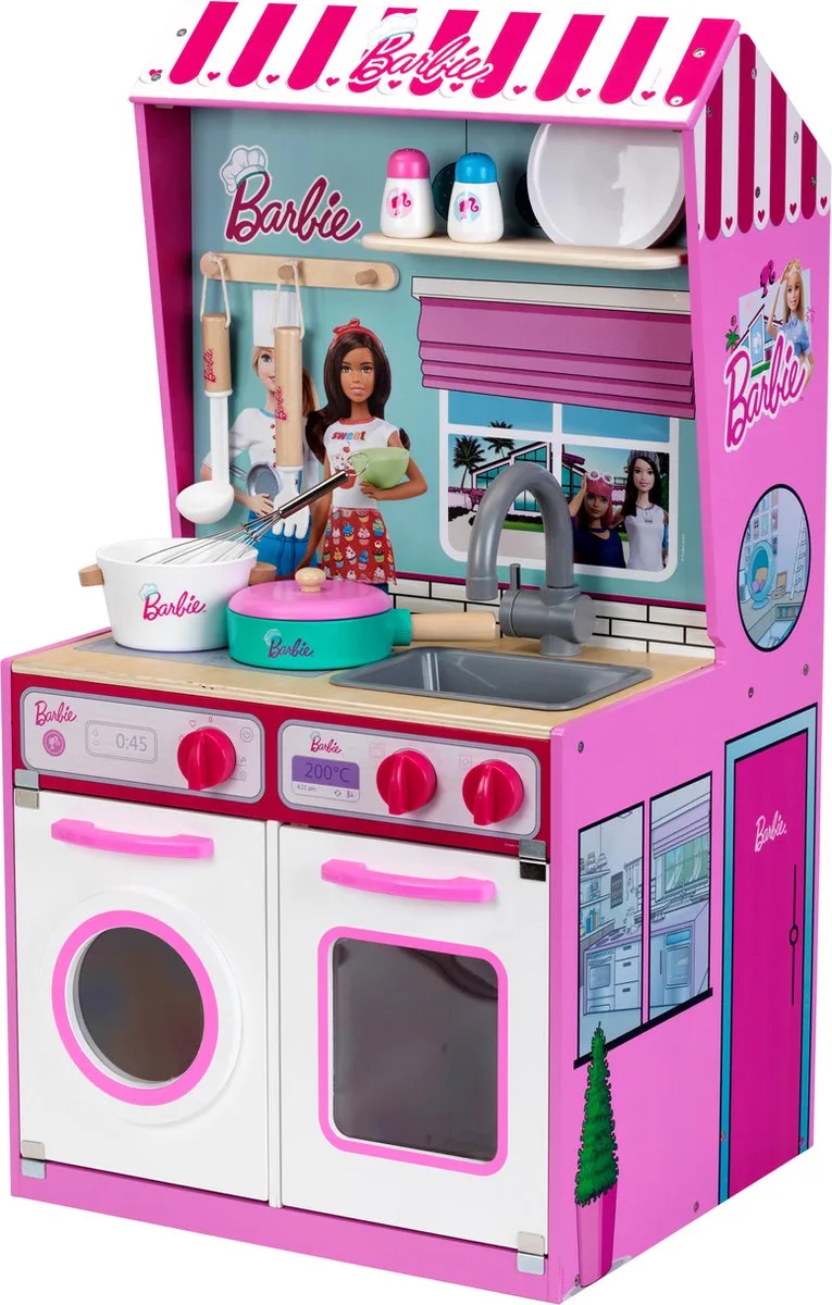 Barbie kinderkeuken en poppenhuis in 1 - 45x40x85 cm - hout (MDF) - incl. oven, fornuis, wasmachine, gootsteen en bijpassend kookgerei de Theo Klein en Multicolore – photo du produit
