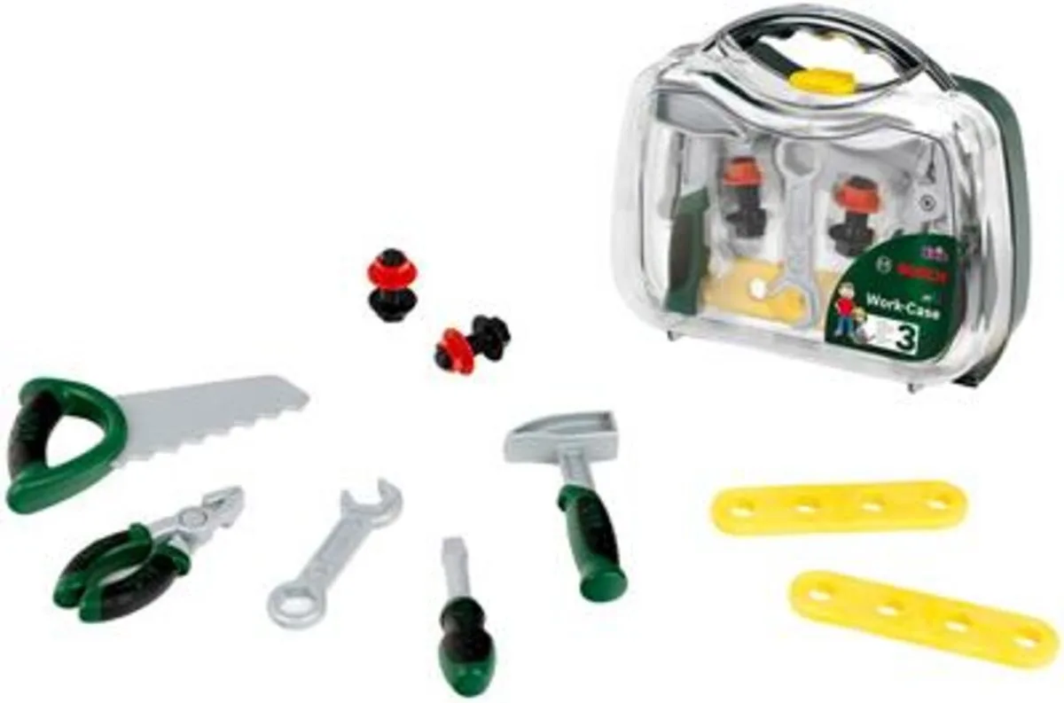 Bosch gereedschapskoffer - zaag, hamer, tang, moersleutel, schroevendraaier - incl. bijpassende accessoires - geel van Theo Klein in Groen – productfoto