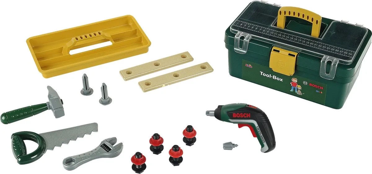 Bosch Ixolino II gereedschapskist - accuschroevendraaier en veel meer gereedschap - incl. verwisselbare opzetstuk, licht- en geluidseffecten - groen geel fra Theo Klein i Flerfarvet – produktbillede