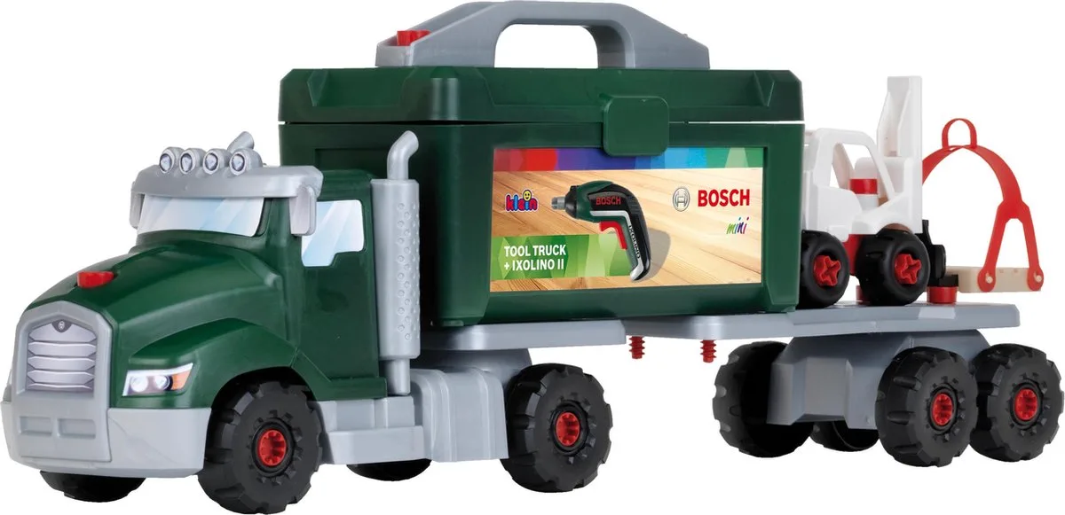 Bosch Ixolino II gereedschapswagen-set - 86 onderdelen - incl. accu-schroevendraaier, gereedschapskist, aanhanger, kraan en heftruck de Theo Klein en Vert – photo du produit