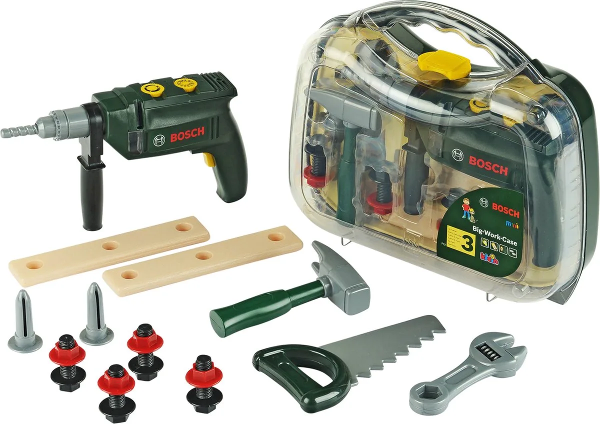 Bosch mini 16-delige speelgoed gereedschapskoffer - boormachine, hamer, zaag, steeksleutel en gereedschap accessoires - incl. licht- en geluidseffecten från Theo Klein i Grön – produktbild