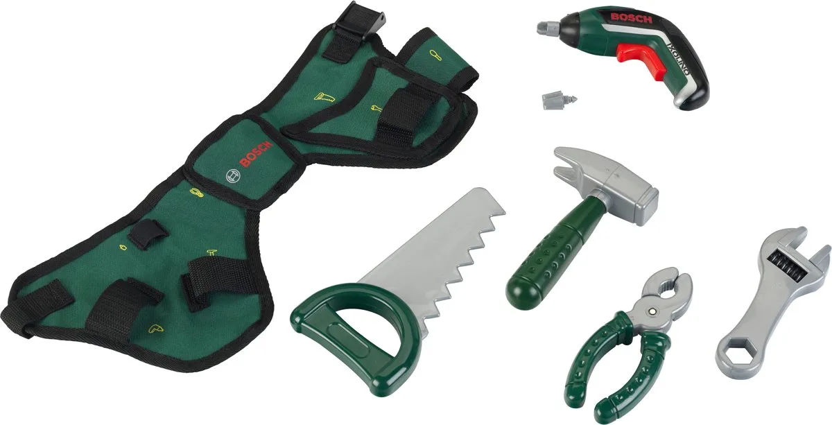 Bosch mini gereedschapsgordel-set - accuschroevendraaier, hamer, tang, zaag, moersleutel, schroevendraaier - incl. licht- en geluidseffecten - rood van Theo Klein in Groen – productfoto