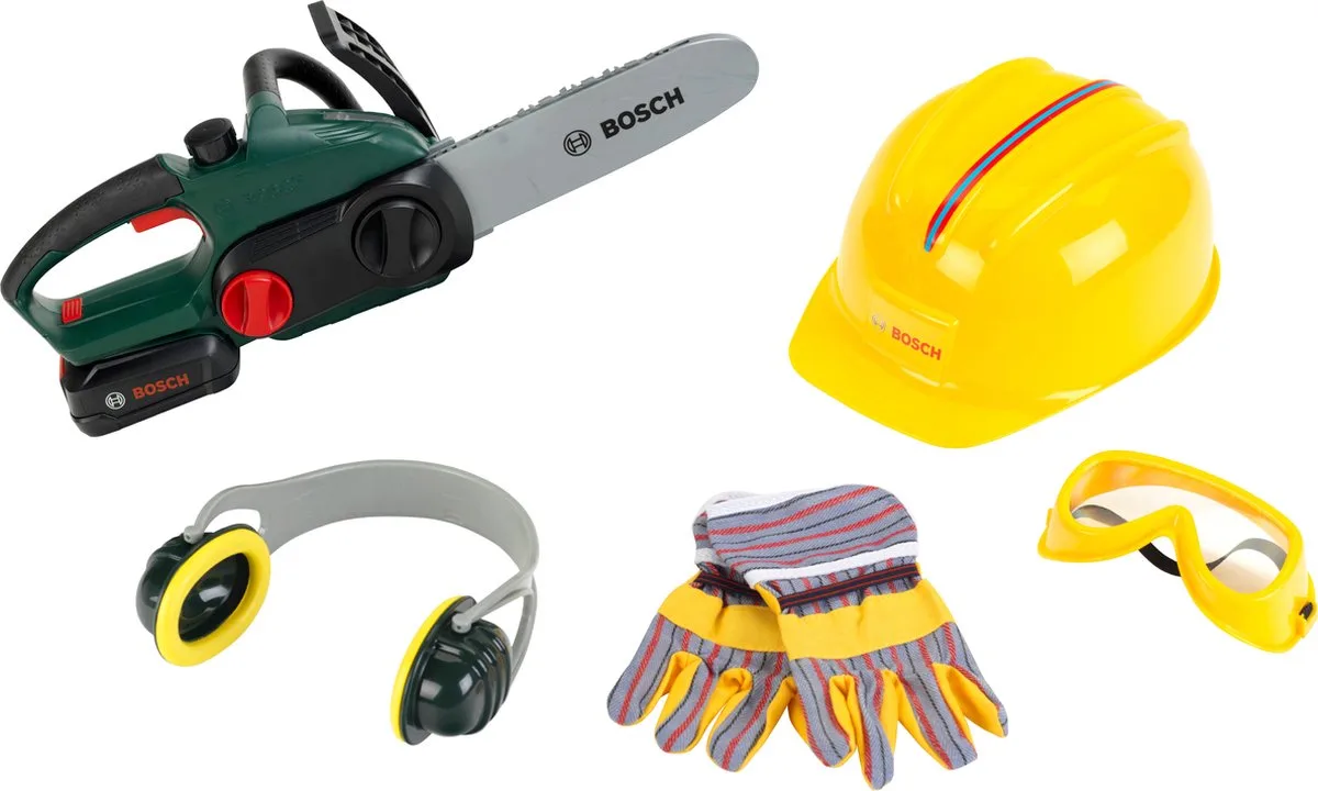 Bosch mini kleding set met speelgoed kettingzaag - werkhandschoenen, werkbril, oorbeschermers, helm - incl. licht- en geluidseffecten - geel van Theo Klein in Groen – productfoto