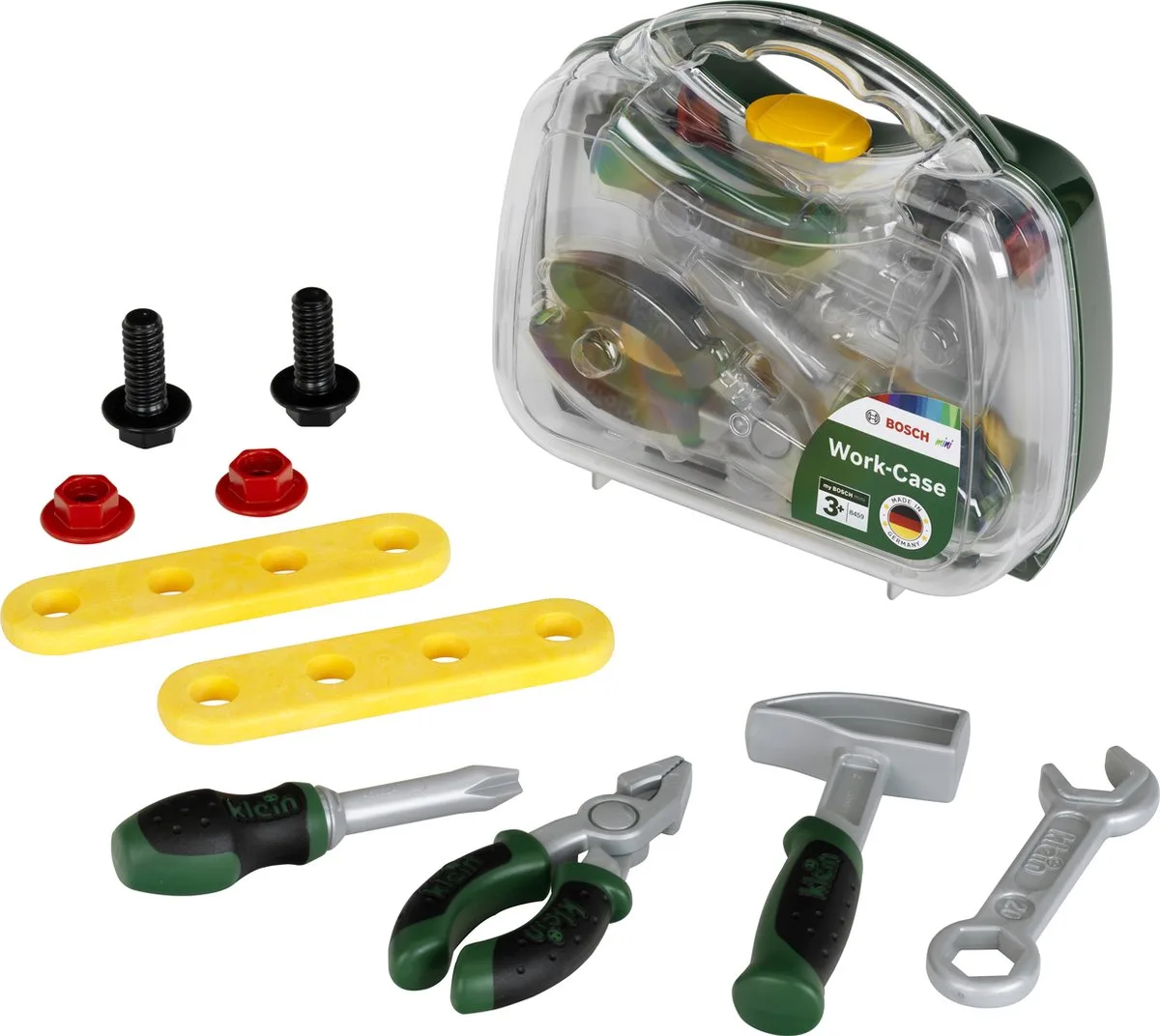 Bosch mini speelgoed gereedschapskoffer I Robuuste koffer met transparante voorkant I Incl. gereedschap, schroeven en latten by Theo Klein in Green – product photo