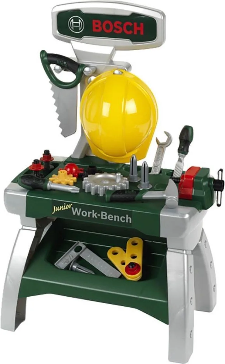 Bosch mini speelgoed Junior werkbank - 49x29x71 cm - incl. leerfunctie, bankschroef, opbergmogelijkheden voor de vele onderdelen - groen van Theo Klein in Geel – productfoto