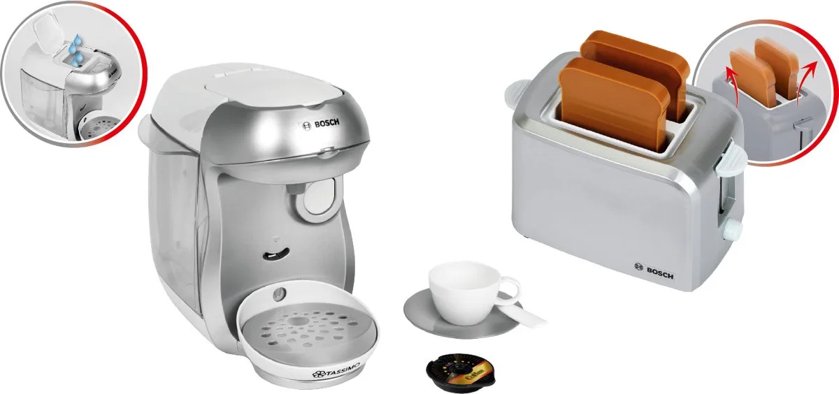 Bosch mini speelgoed ontbijtset - Tassimo koffiezet apparaat - broodrooster - zilverkleurig de Theo Klein en Argent – photo du produit