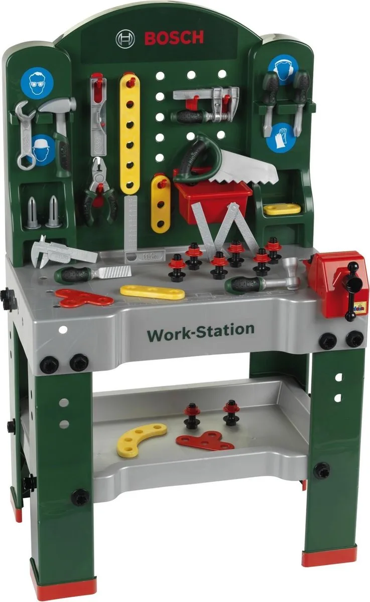 Bosch mini speelgoed werkbank- 44 onderdelen - incl. leerfunctie, bandschroef en talrijke opbergmogelijkheden - groen de Theo Klein en Jaune – photo du produit