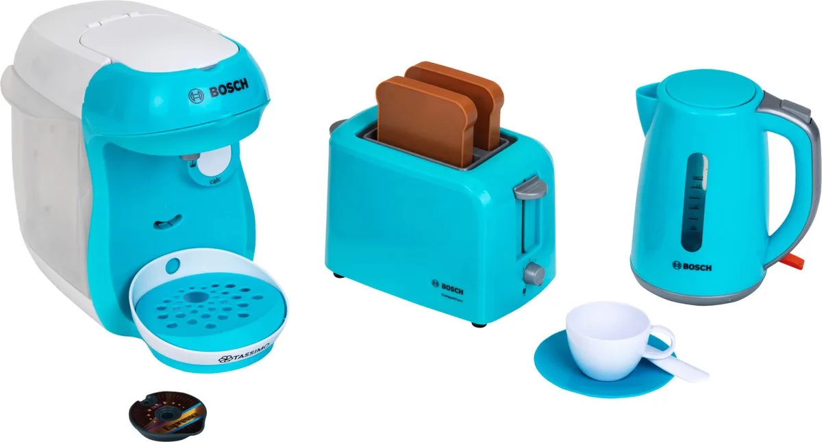 Bosch speelgoedkeukenaccessoireset - koffizetapparaat - waterkoker - broodrooster - incl. geluid van Theo Klein in Blauw – productfoto