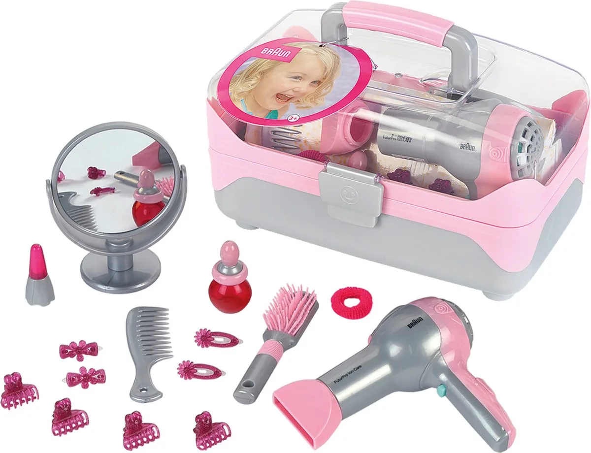Braun hairstyling koffer met haardroger - haaraccessoires, spiegel, lippenstift en parfum - incl. ventilator met koude-lucht-mechanisme - roze von Theo Klein in Grau – Produktfoto