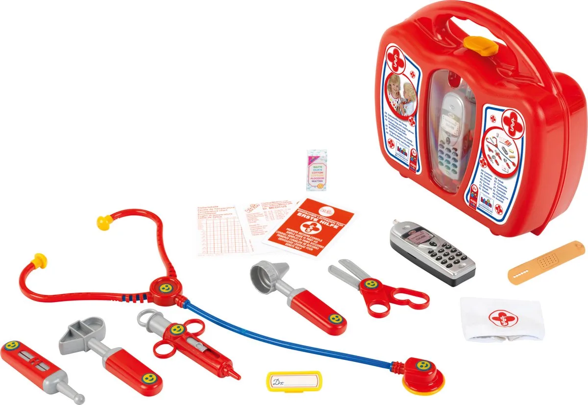 dokterskoffer met mobiele telefoon - stethoscoop, thermometer, reflexhamer, injectiespuit, pincet, oorspiegel, schaar, verpleegsterskapje, naamplaatje, pleisters fra Theo Klein i Flerfarvet – produktbillede