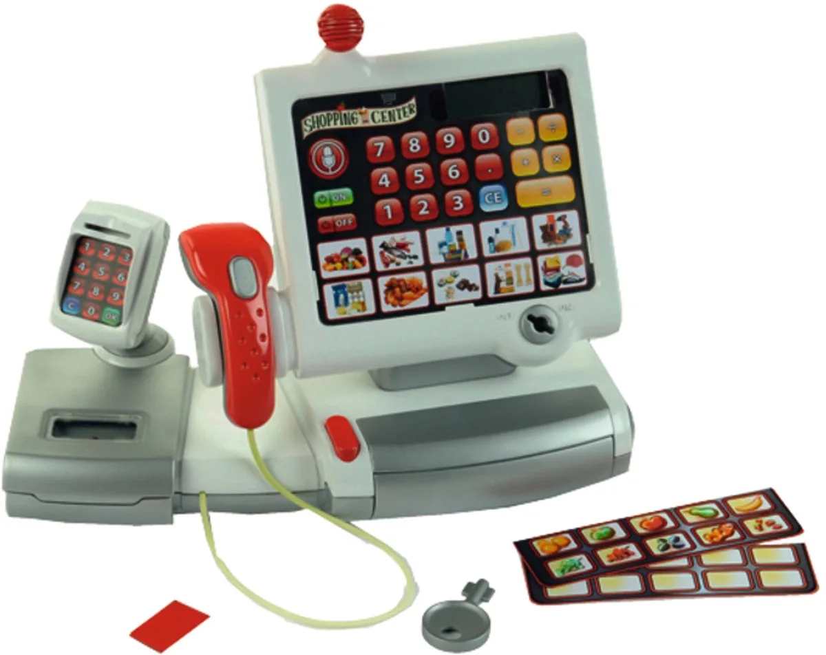 elektronische kassa - touchpad, scanner, weegschaal en rekenmachinefunctie - 31x15,5x23 cm - incl. speelgeld, uitschuifbare geldla, licht- en geluidseffecten - grijs van Theo Klein in Wit en rood – productfoto