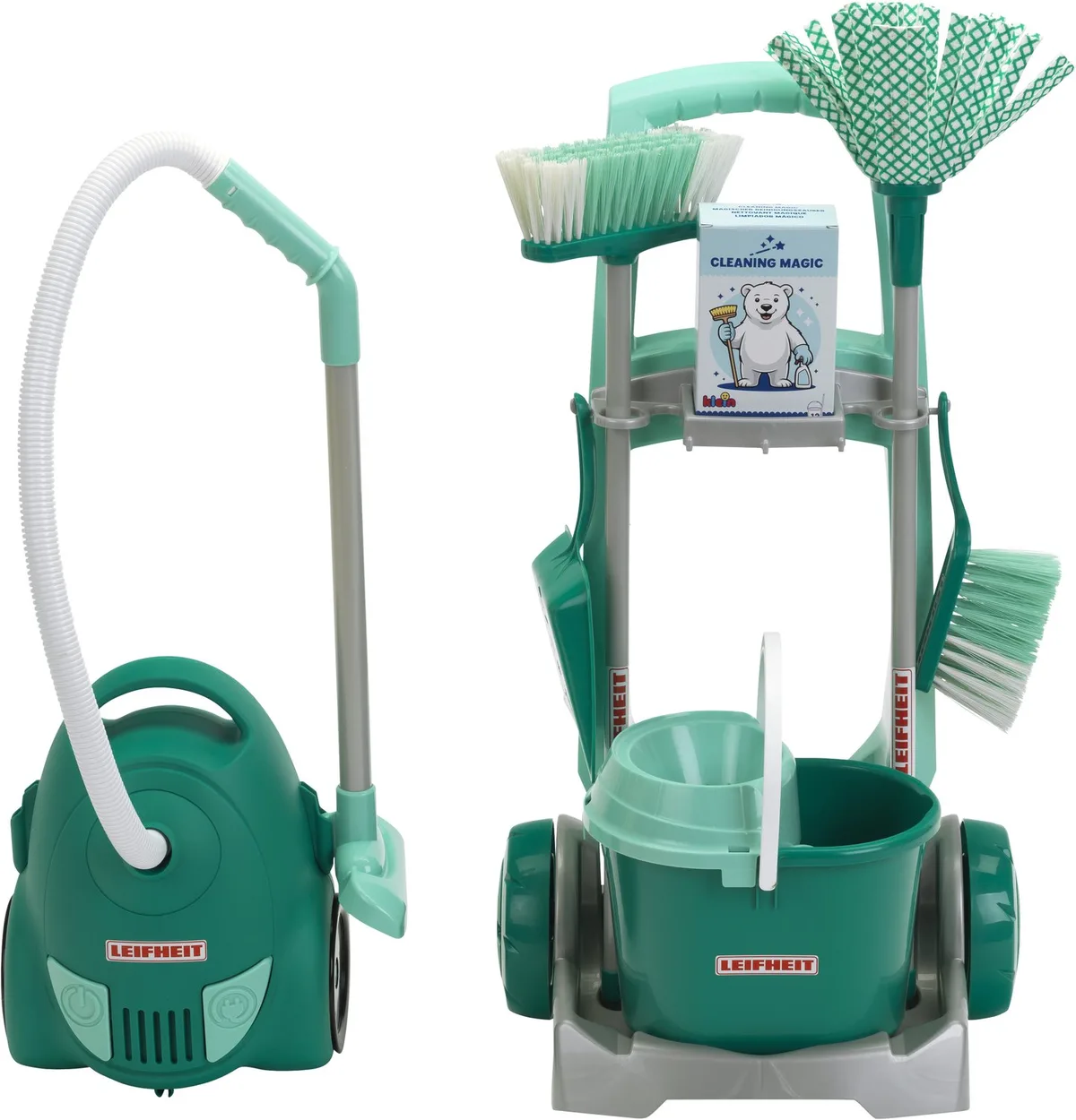 Leifheit speelgoed schoonmaaktrolley - incl. stofzuiger de Theo Klein en Turquoise – photo du produit