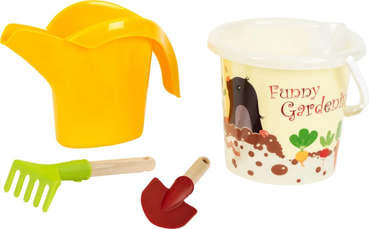 Little Foot zand tuinset - 2L zandemmer, handschep, handhark en gieter - gerecycled plastic van Theo Klein in Meerkleurig – productfoto