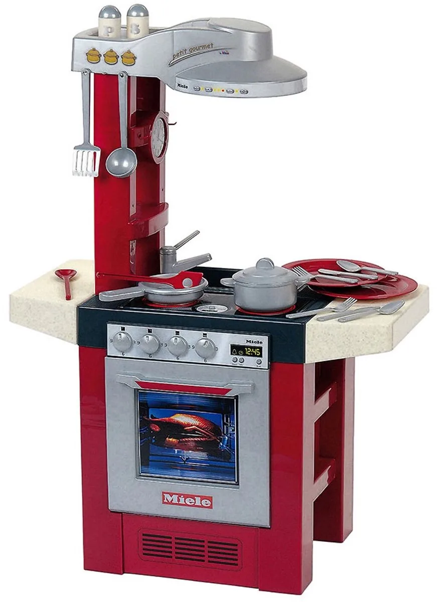 Miele Petit Gourmet keuken - 69x33x95 cm - oven, vaatwasser, afzuigkap, spoelbak, kook- en eetgerei - incl. geluidseffecten - rood grijs van Theo Klein in Rood zilver – productfoto