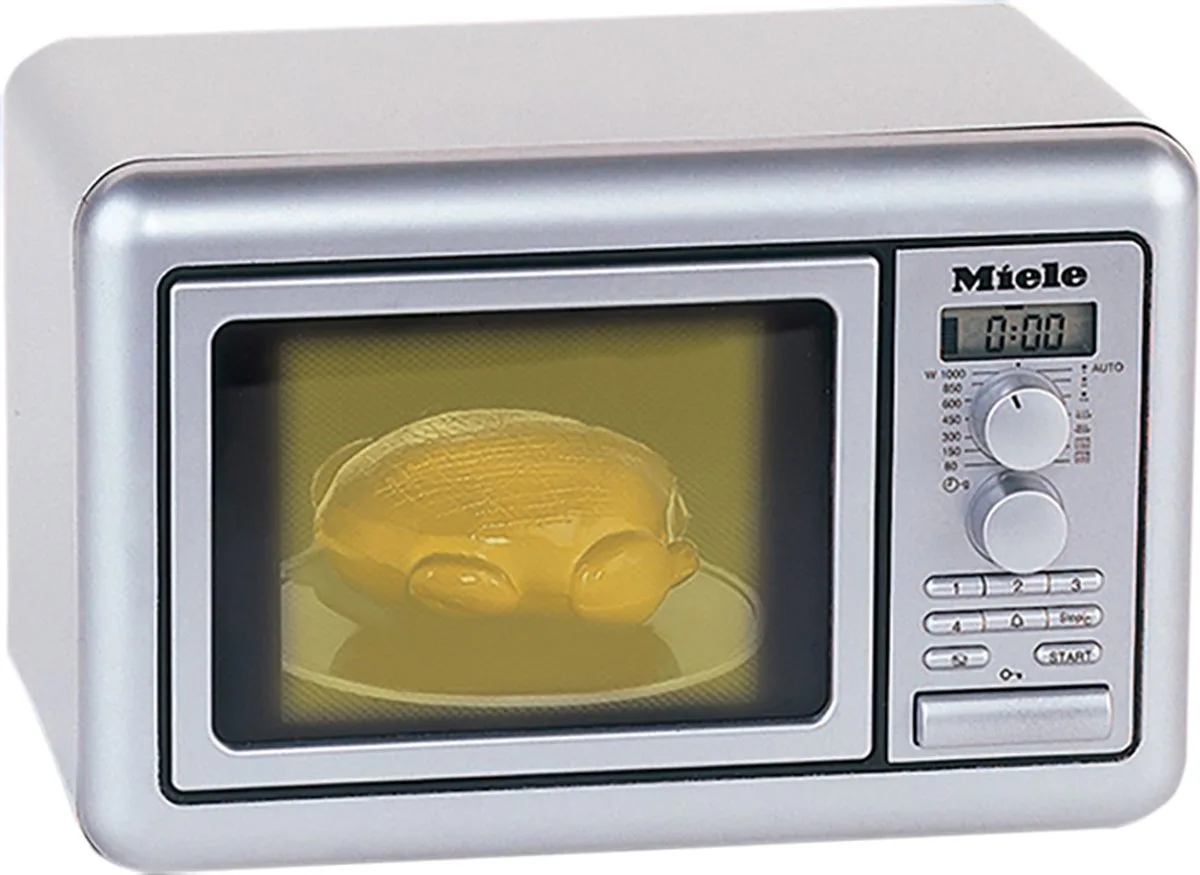 Miele speelgoed-magnetron - 25x16x17,5 cm - incl. draaiplateau, draaiknoppen, timer met geluidseffecten, display en speelgoedkippetje by Theo Klein in Grey – product photo
