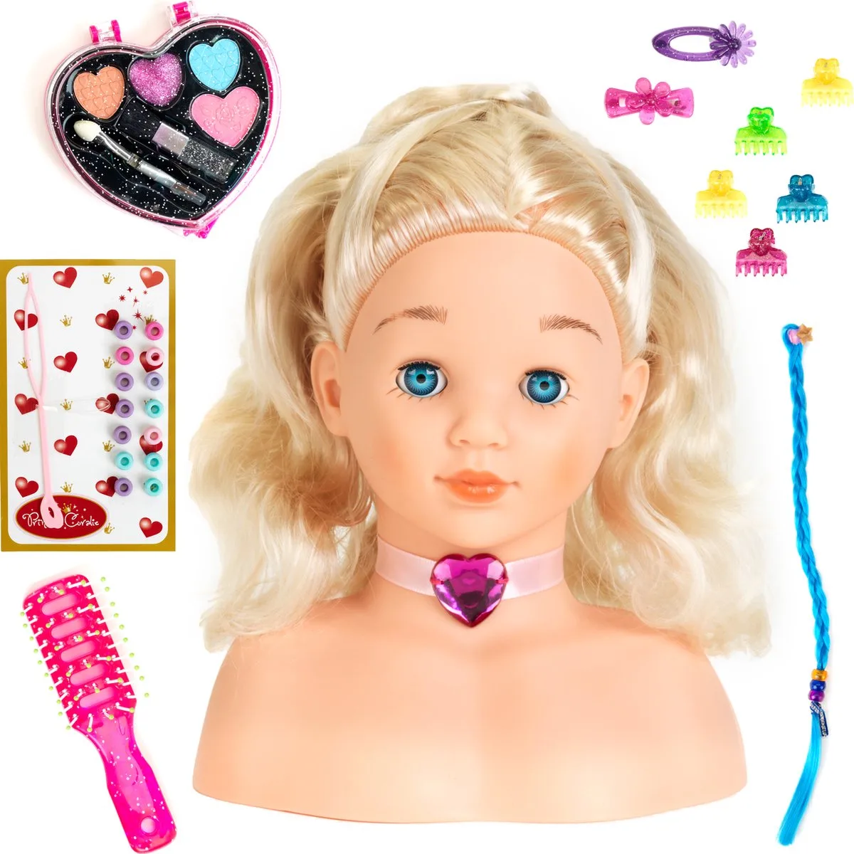Princess Coralie - Kaphoofd '' Little Sophia''' met make-up - 22 cm groot - wasbaar - met haarborstel, kam, haarclips - dermatologisch geteste make-up fra Theo Klein i Blond – produktbillede