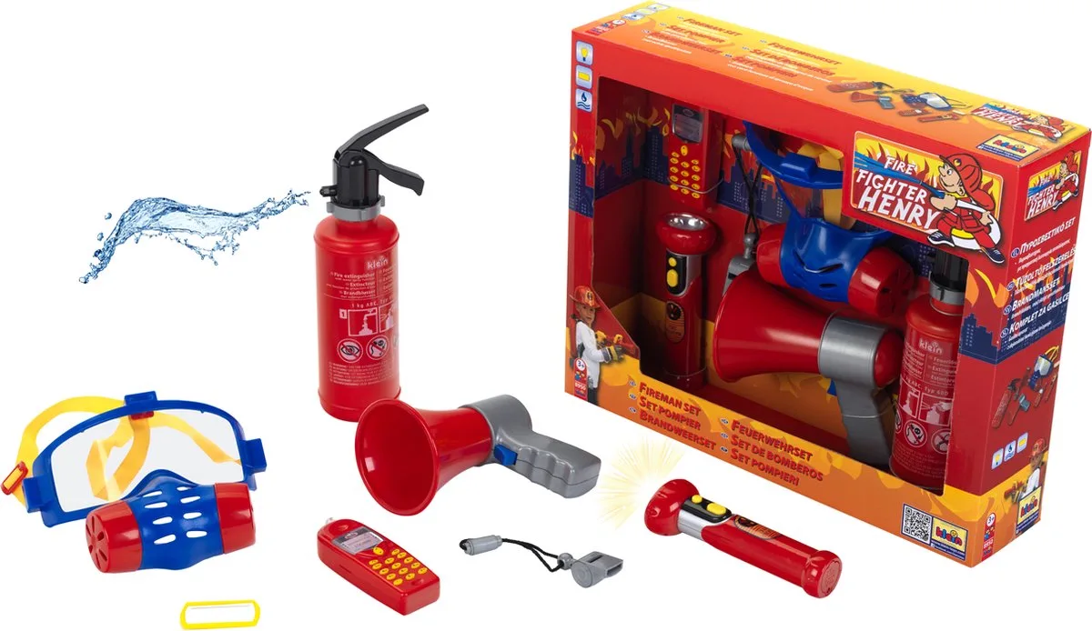 Toys 7-delige brandweer set - brandblusser, zaklamp, megafoon, gasmasker, mobiele speelgoedtelefoon, fluitje en naamplaatje - incl. licht- en geluidseffecten - rood blauw fra Theo Klein i Flerfarvet – produktbillede