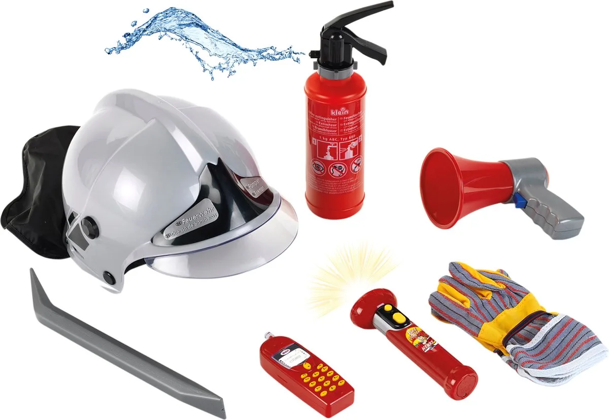 Toys 7-delige brandweerset - brandblusser, zaklamp, helm, handschoenen, koevoet, megafoon, mobiele telefoon - incl. 0,5 L watertank - multicolor von Theo Klein in Rot – Produktfoto