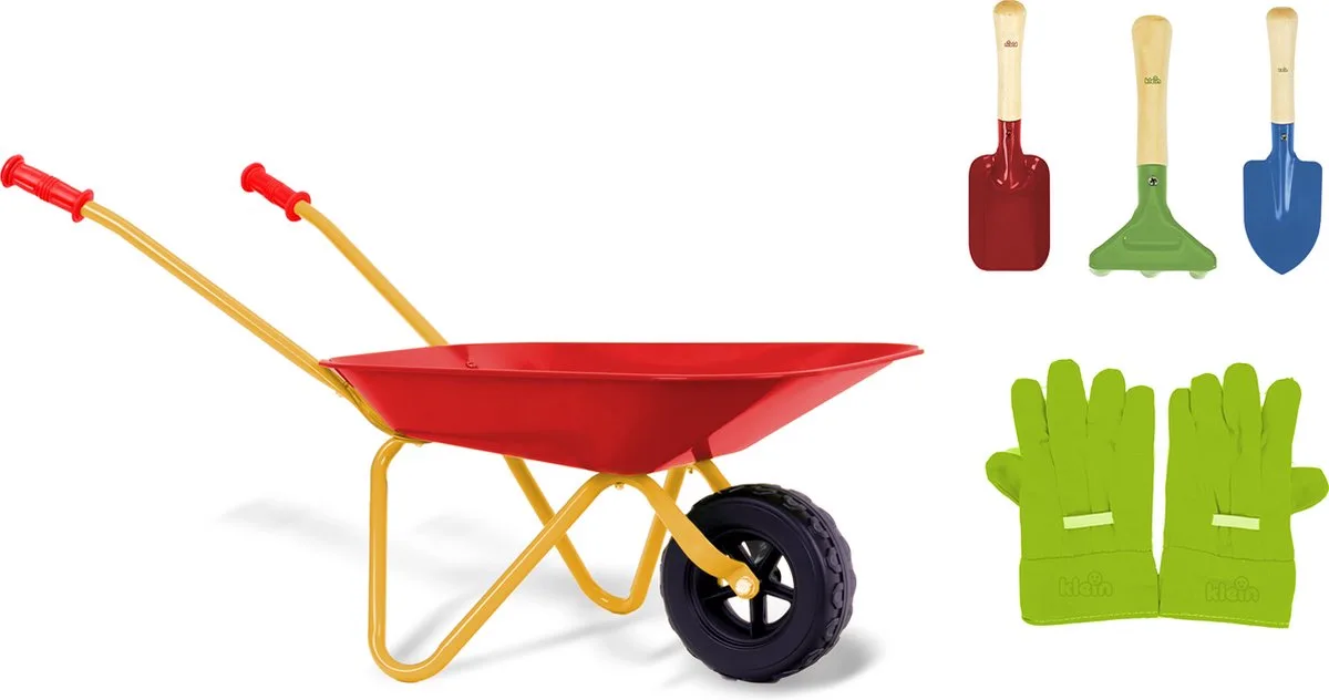 tuinset met kruiwagen - handschoenen, schop, hark en spade - kinderkruiwagen belastbaar tot 10 kilo van Theo Klein in Meerkleurig – productfoto