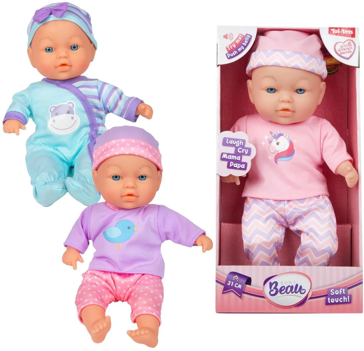 babypop 31cm zacht speelgoedpop met geluid. fra Toi-Toys i Flerfarvet – produktbillede