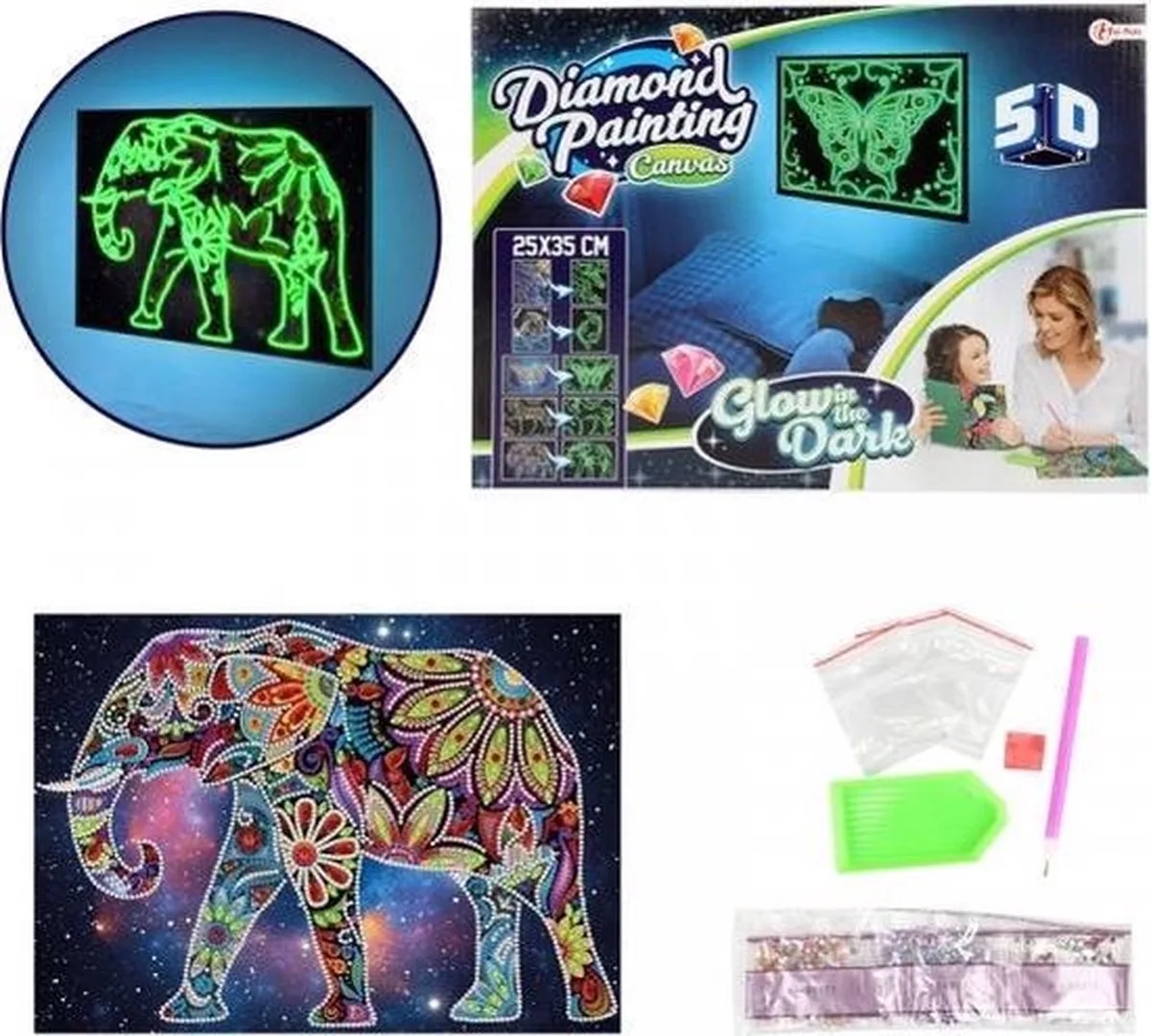 Diamond painting Glow in the Dark 25x35 | NIEUW | Glow in the dark de Toi-Toys en Olifant – photo du produit