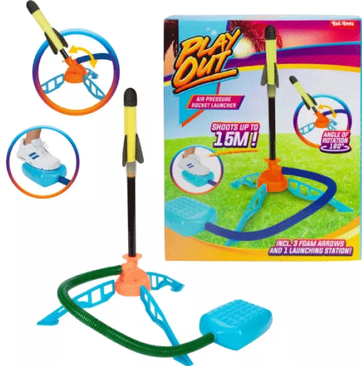 Explore - Luchtdruk Raket Blaster set met pomp de Toi-Toys en Blauw-rood-geel-groen – photo du produit