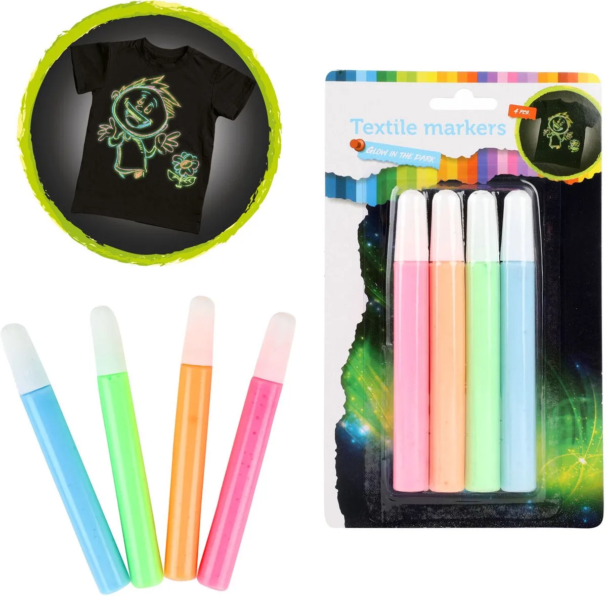 Knijp Textielstiften Glow in the Dark, 4st. von Toi-Toys in Mehrfarbig – Produktfoto