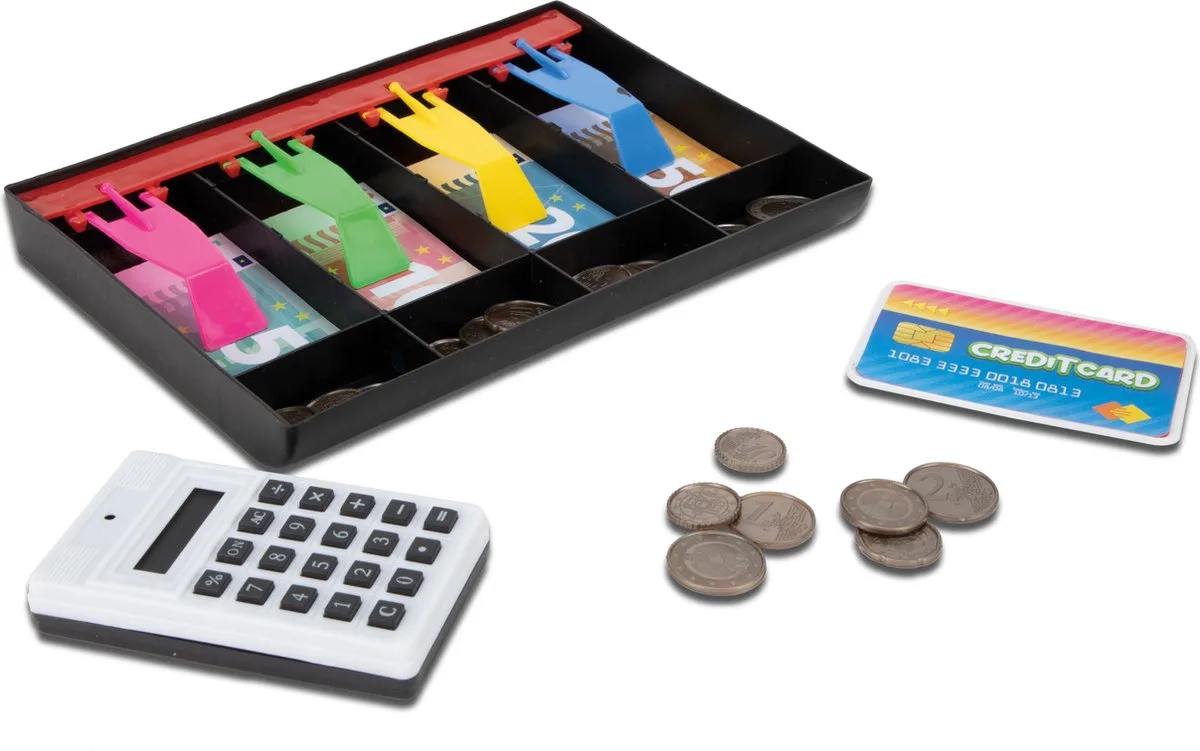 Speelgeld - speelgoed kassa lade - incl. rekenmachine en bankpasje - winkeltje spelen från Toi-Toys i Flerfärgad – produktbild