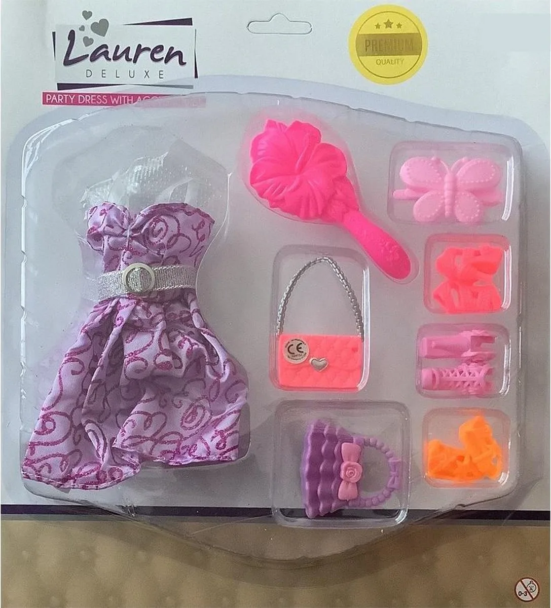 Tienerpop Kleding Outfit Jurk + Accessoires - Handtas - Schoenen - Hakken de Toi-Toys en Violet – photo du produit