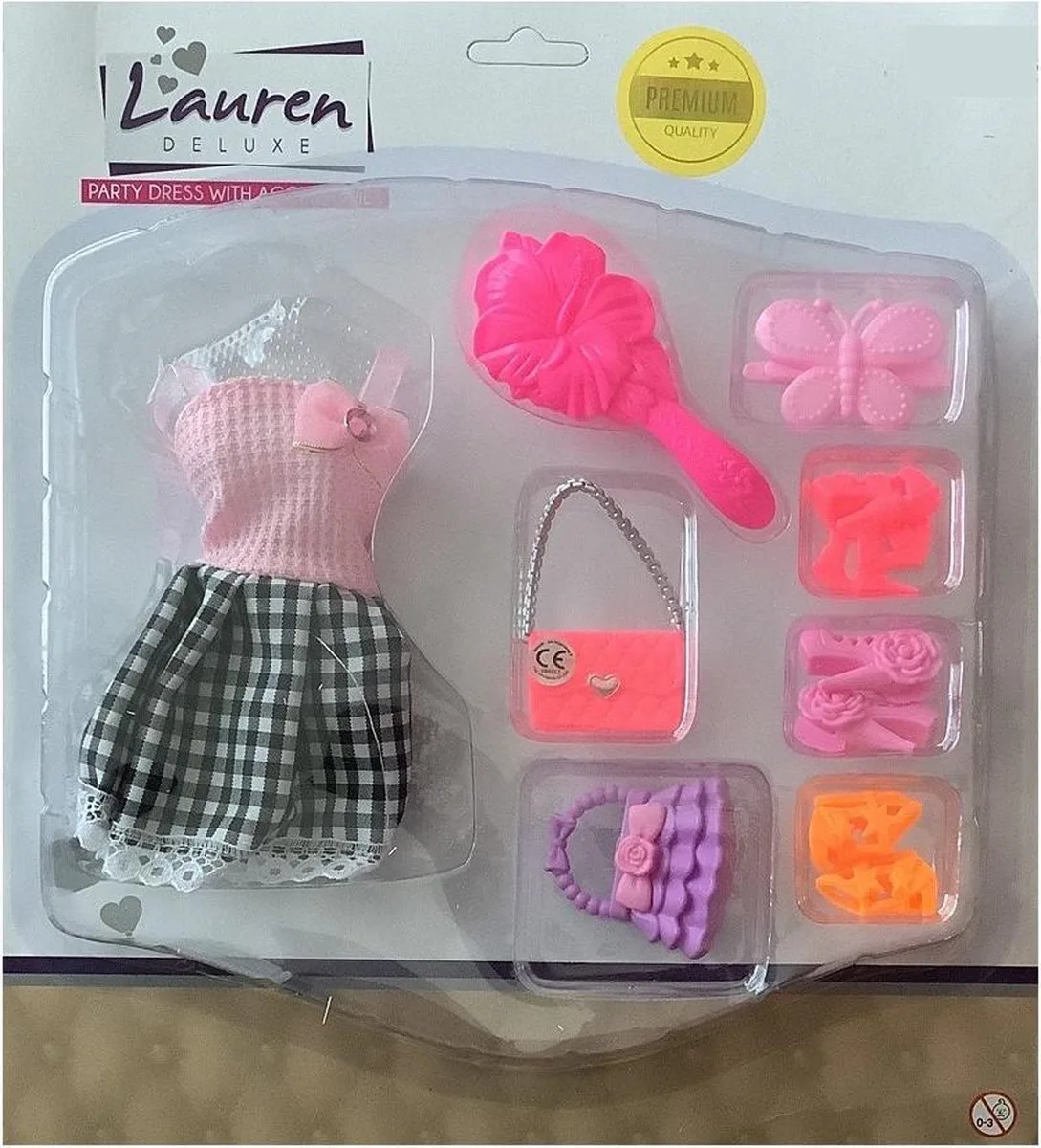 Tienerpop Kleding Outfit Jurk + Accessoires Roze/Zwart - Handtas - Schoenen - Hakken de Toi-Toys en Noir – photo du produit