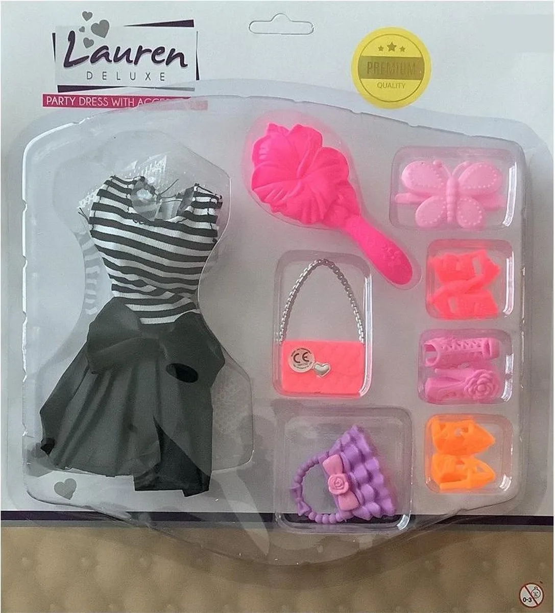 Tienerpop Kleding Outfit Jurk + Accessoires Zwart - Handtas - Schoenen - Hakken fra Toi-Toys i Orange – produktbillede