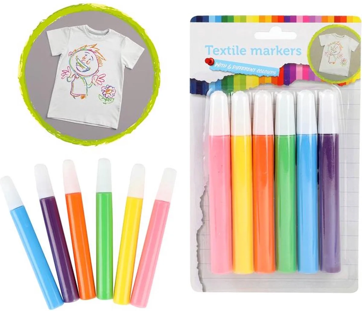 Tropical Textiel Stiften - 6 Stuks från Toi-Toys i Blå, Lila, Orange, Gul, Roze & groen – produktbild