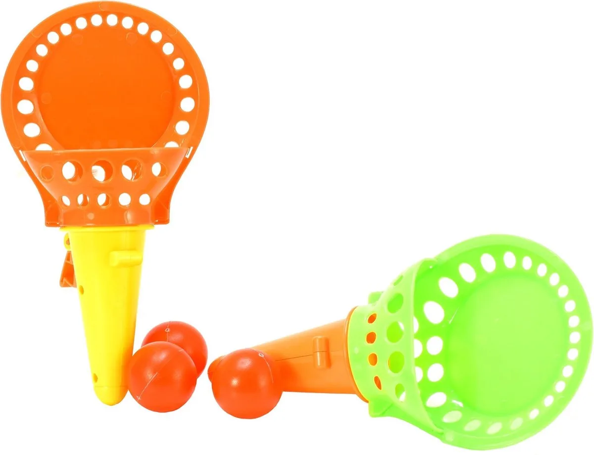 Vangbalspel 2x Korf met 3 ballen / geel 18 cm - Buiten Speelgoed van Toi-Toys in Oranje – productfoto