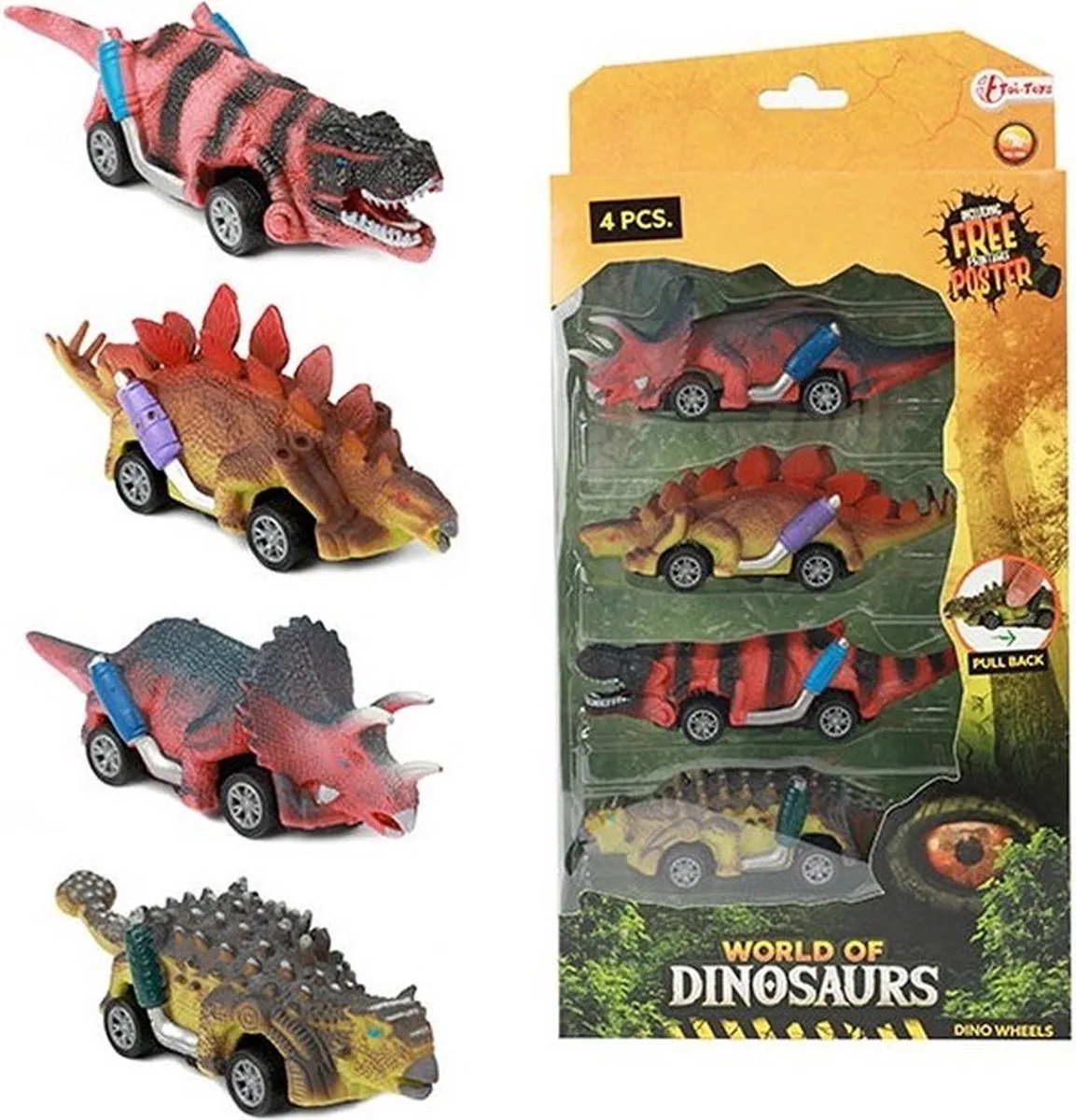 World of Dinosaurs Dino Pullback Auto, 4st. fra Toi-Toys i Flerfarvet – produktbillede