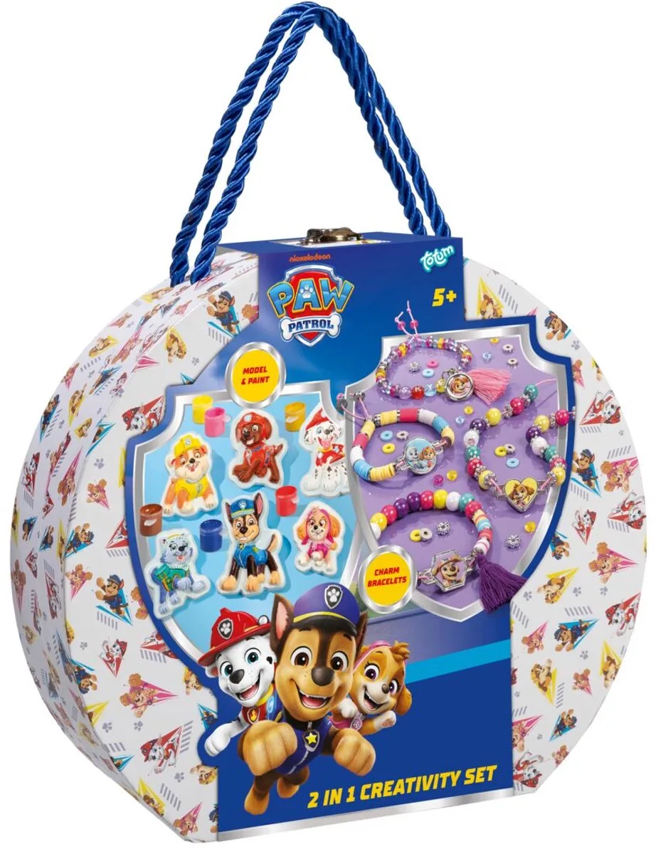 2-in-1 Knutselkoffer - 4 armbandjes maken - 300+ kralen - 6 gipsfiguren gieten en schilderen - Speelgoed Kinderen - Knutselen - Voor meisjes en jongens - Vanaf 5 jaar van Totum in PAW Patrol – productfoto