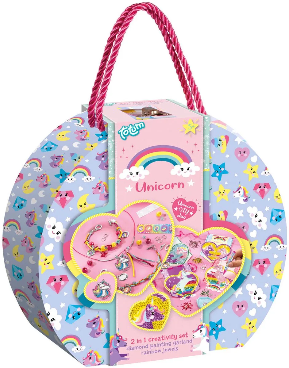 2-in-1 Knutselkoffer - Armbandjes en ketting maken en Diamond Painting kaarten versieren - Speelgoed Kinderen - Knutselen - Voor meisjes - Vanaf 5 jaar van Totum in Unicorn – productfoto
