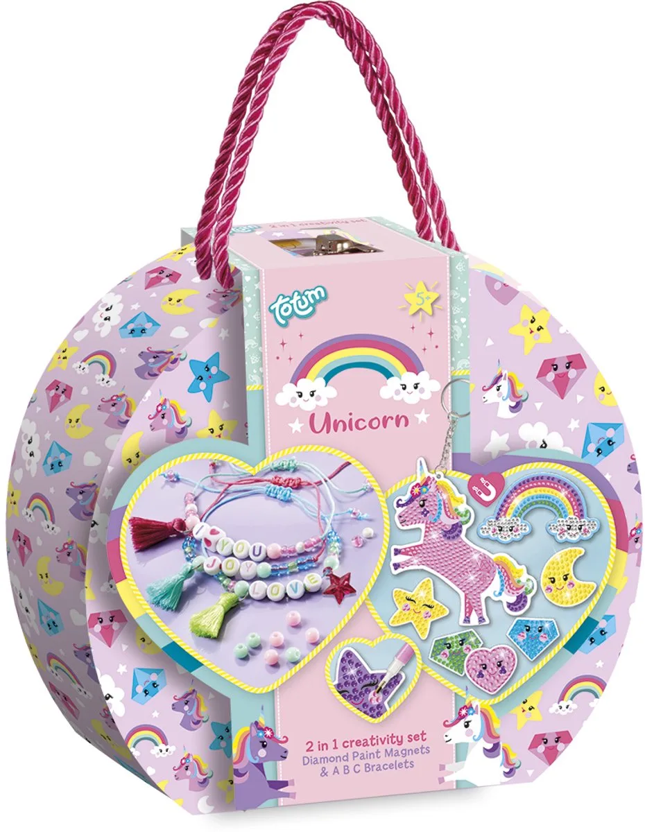 2-in-1 Knutselkoffer - Letterarmbandjes en Diamond Painting magneten maken - 250-delig - Speelgoed Kinderen - Knutselen - Voor meisjes - Vanaf 5 jaar by Totum in Unicorn – product photo