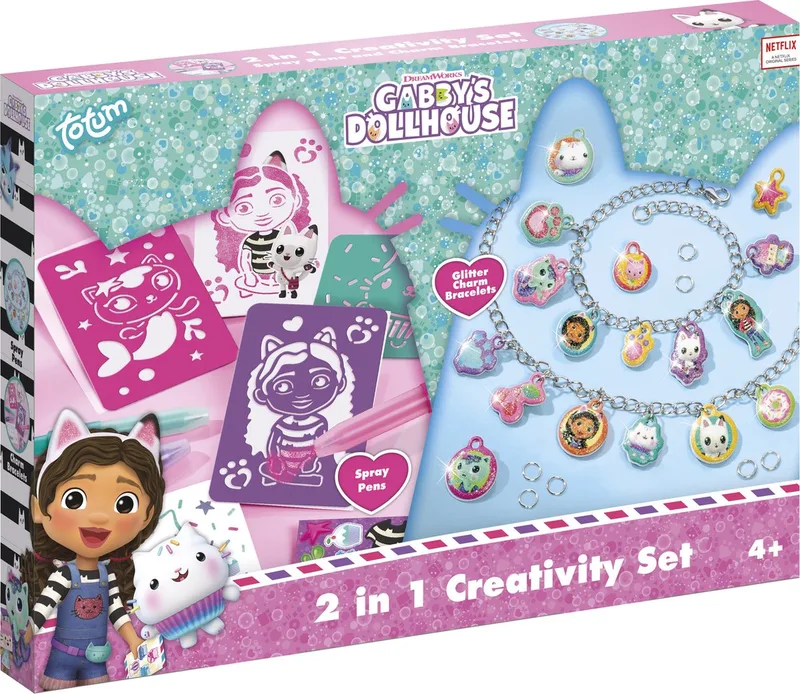 2-in-1 Knutselset - Glitter-bedelarmbandjes maken en blaaspennen - Met sjablonen - Speelgoed Kinderen - Knutselen - Voor meisjes - Vanaf 4 jaar by Totum in Gabby's Poppenhuis – product photo