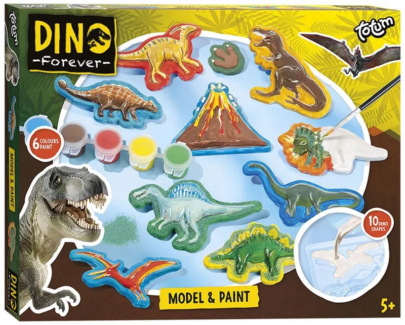 Dinosaurus junior knutselset gips en verfset Dino Forever model & paint inclusief gips, 6 kleuren verf - cadeautip jongens by Totum in Dino gipsset – product photo