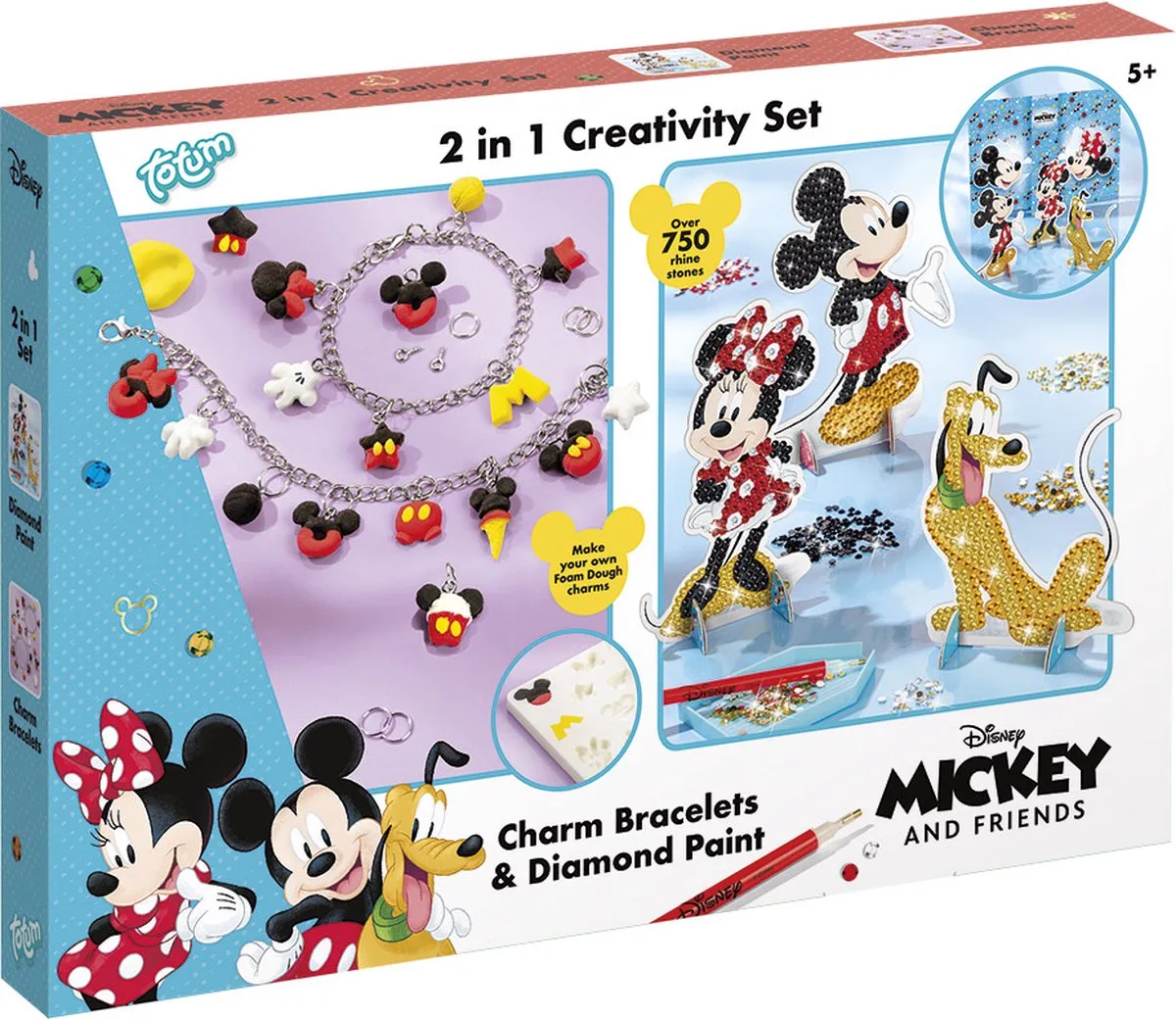 Disney classics Mickey & Minnie Totum 2 in 1 knutselset armbandjes en figuren versieren met strass steentjes - creatief speelgoed fra Totum i 2-in-1 Mickey Mininie armbandjes en diamond paint – produktbillede