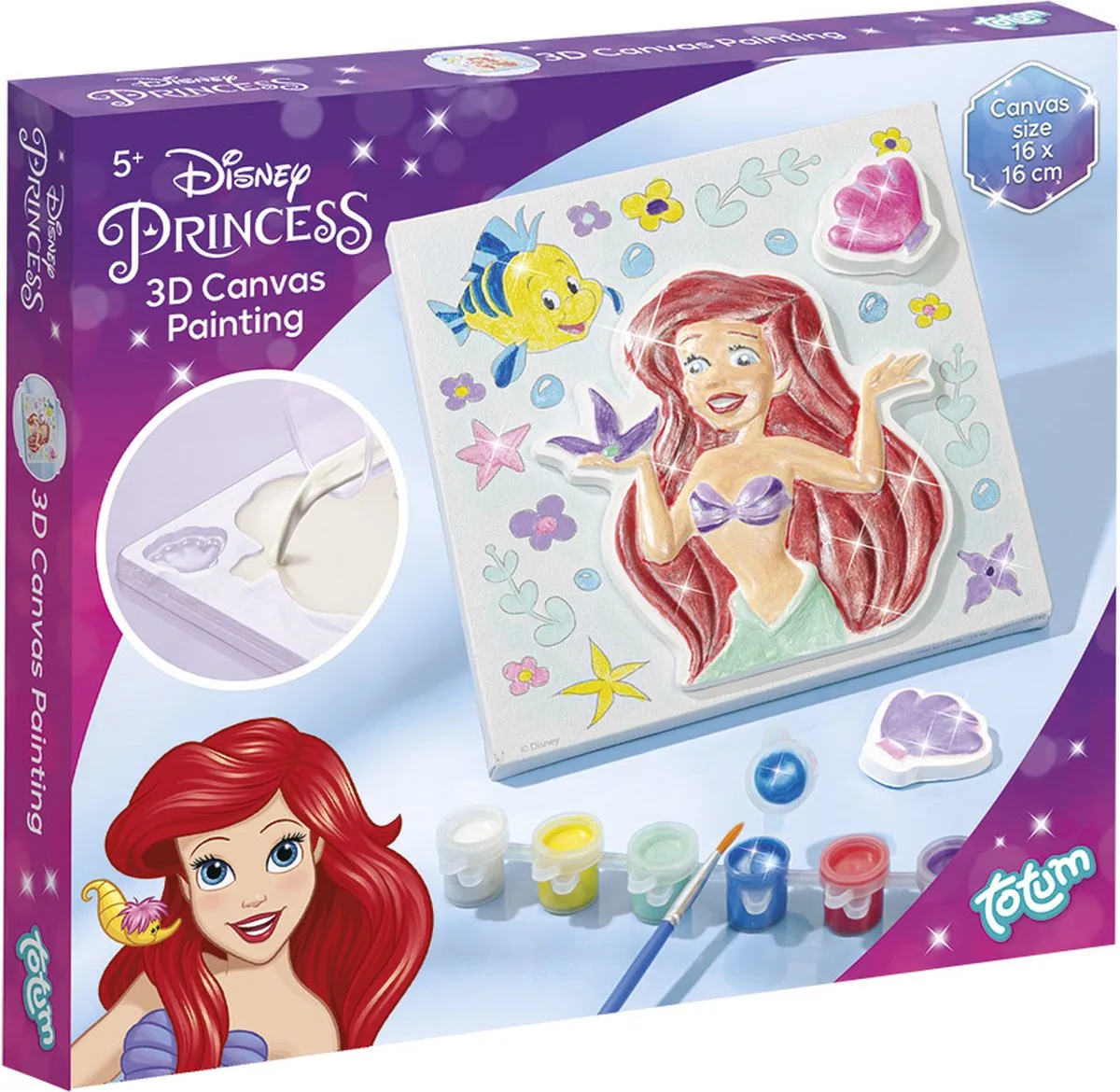 Disney Princess Totum knutselset - 3D canvas prinses schilderijtje maken met Ariel gips en canvas - incl. 6 kleuren verf home deco knutselen - cadeautip från Totum i Disney Princess schilderijtje maken – produktbild