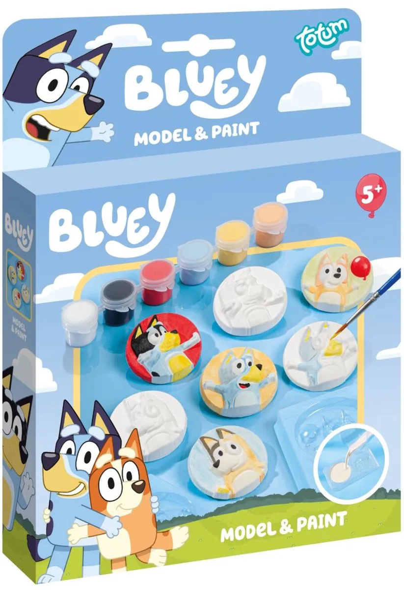 Gipsfiguren gieten en schilderen - Verf in 6 kleuren - 6 gipsfiguren - Speelgoed Kinderen - Knutselen - Voor meisjes en jongens - Vanaf 5 jaar von Totum in Bluey – Produktfoto