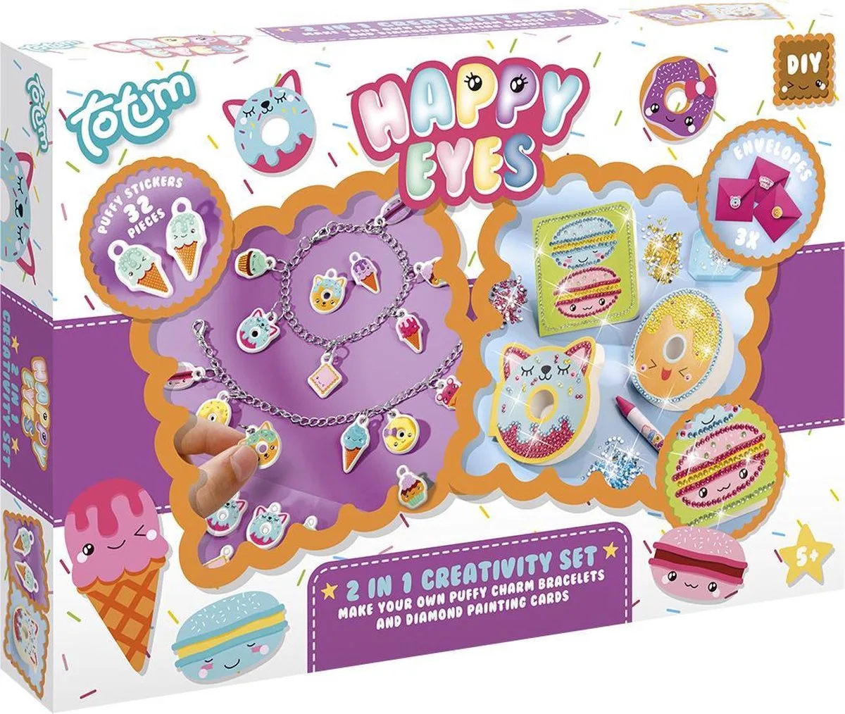 Happy Eyes Totum 2-in-1 set knutselen bedel armbandjes maken en donut diamond painting kaarten van Totum in Happy Eyes diamond paint en armbandjes – productfoto